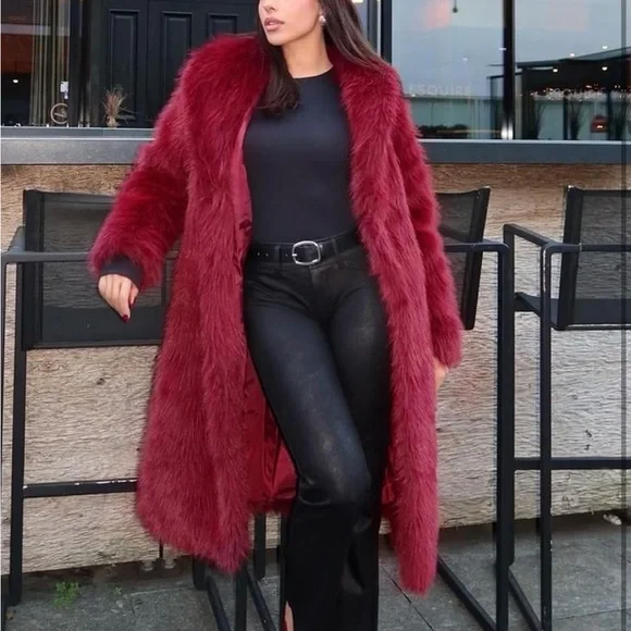 Luxurious Red midi trench long Faux Fur Coat - Picture 1 of 6